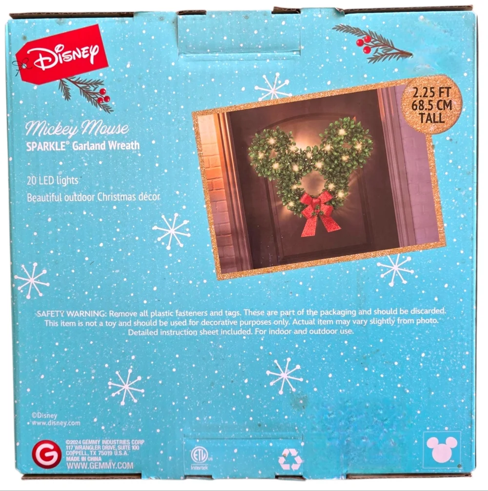 Gemmy-Disney Mickey Mouse Sparkle Garland Wreath With Clear Lights-Green and Red